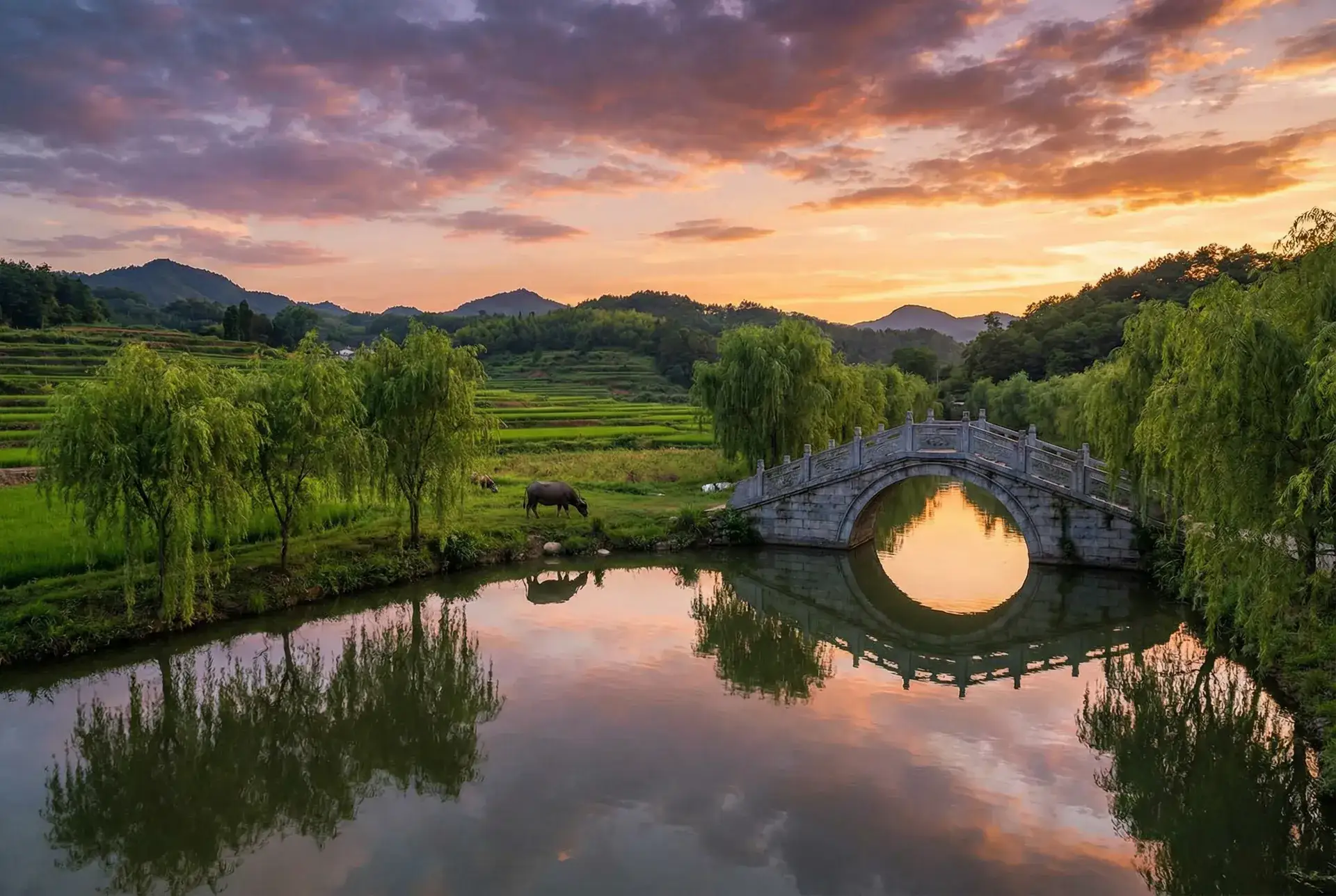 夕阳下的石拱桥与垂柳，水牛在河边吃草 - 猫头鹰老师 乡村美景
